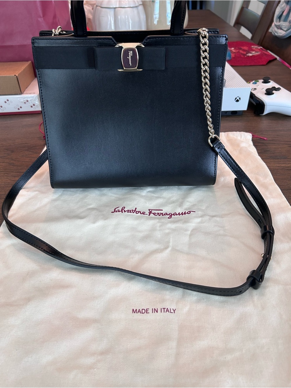 Salvatore Ferragamo Black Leather Vara Bow Shoulder Bag with Gold Chain